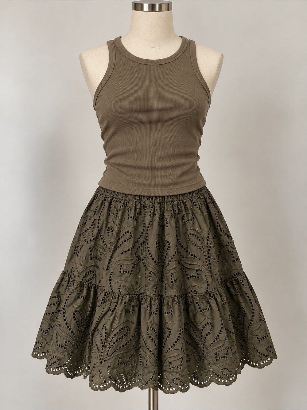 Express Olive Rib Tank with Eyelet Tiered Skirt Set